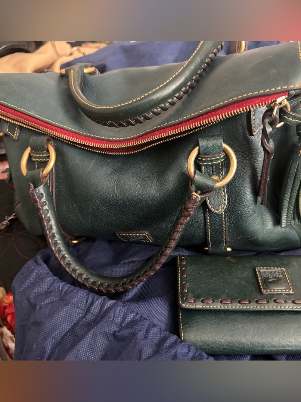 Dooney & Bourke Satchel Leather & Matching whip stitch Wallet Dark Green Teal